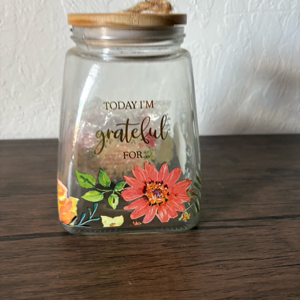 New Glass‎ Gratefulness Jar With Lid And Cards Floral Christian Art Gifts 6.5”